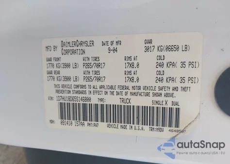 2005 Dodge Ram 1500 Slt/Laramie from USA, damaged, VIN 1D7HU18D65S146800